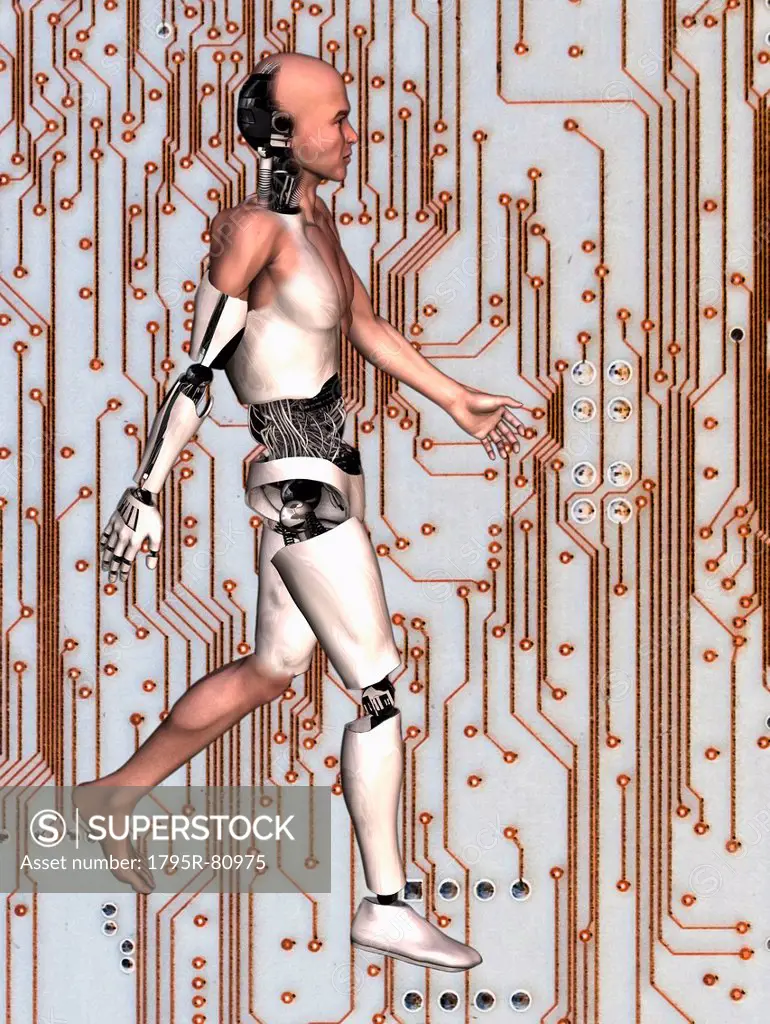 Cyborg walking on computer chip background