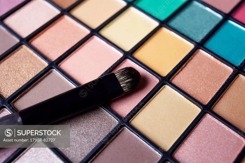 Make-up brush on eye shadow palette, studio shot