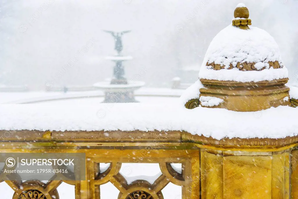 Central Park, Bethesda Fountain covered with snow in winter