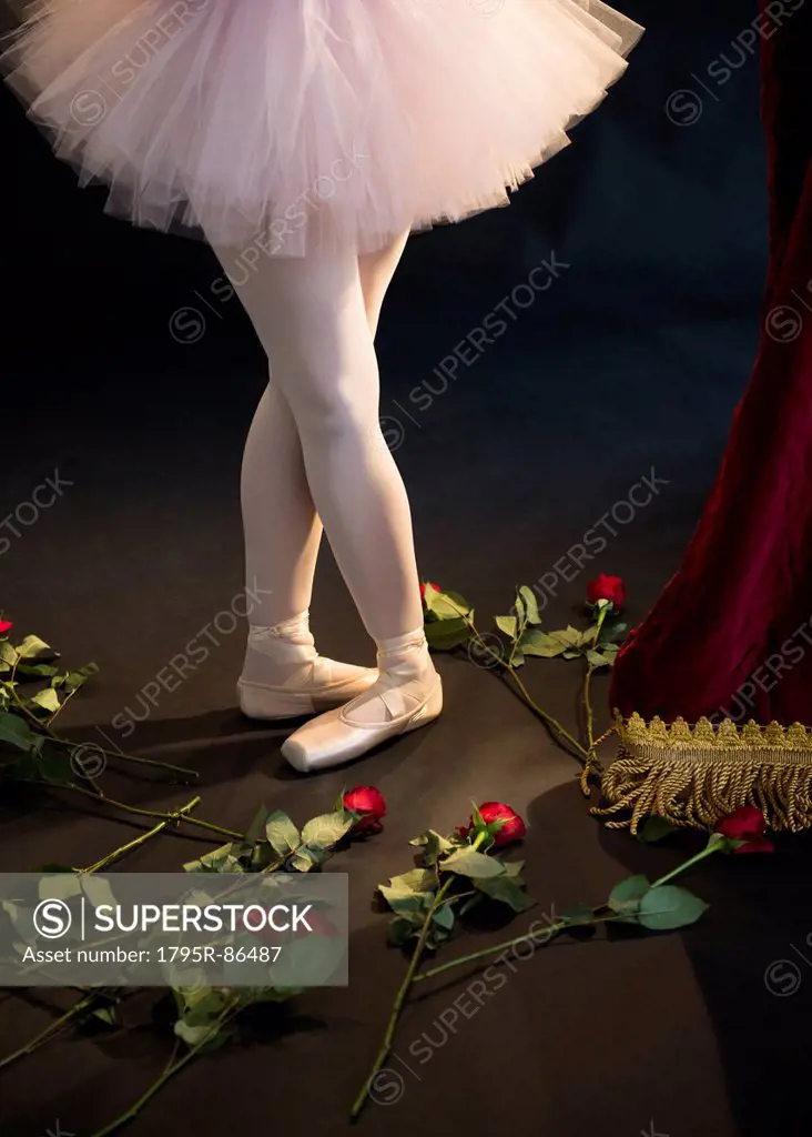 Teenage (16-17) ballerina on stage, roses by her feet