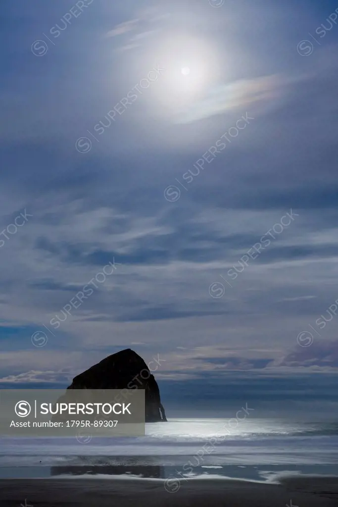 Haystack Rock at moonset