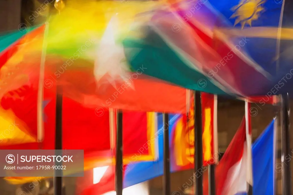 View of colorful flags in Rockefeller Center