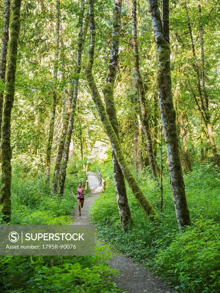 Young women jogging in forest