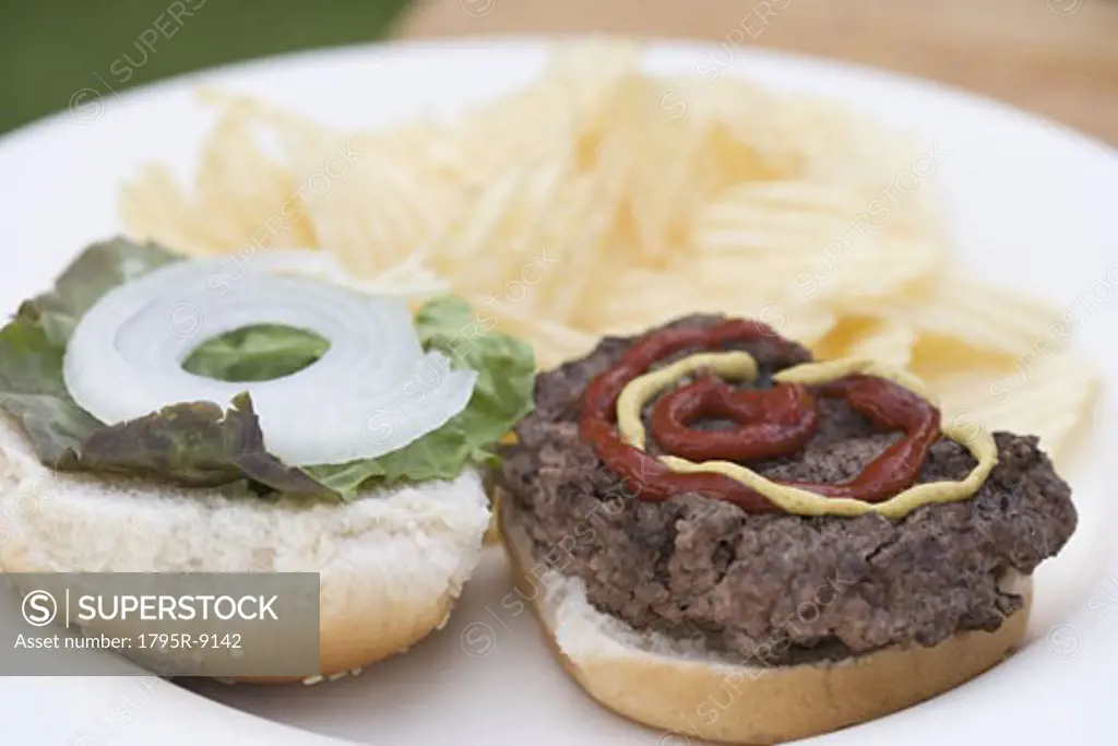 Closeup of a hamburger on a plate