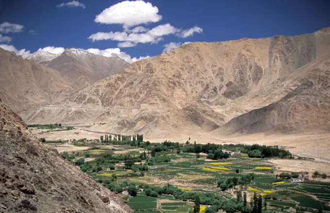 India, Ladakh, Leh District, Nubra Valley, Mountain landscape in Himalayas seen from Buddhist Lamayuru Monastery in valley