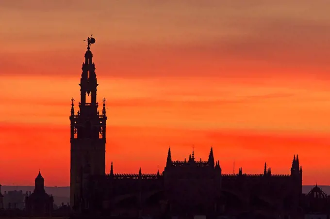 Spain, Seville, Silhouette of Giralda and Cathedral of Sevilla at sunset