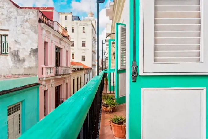 Cuba, Havana, Building terrace with turquoise doors