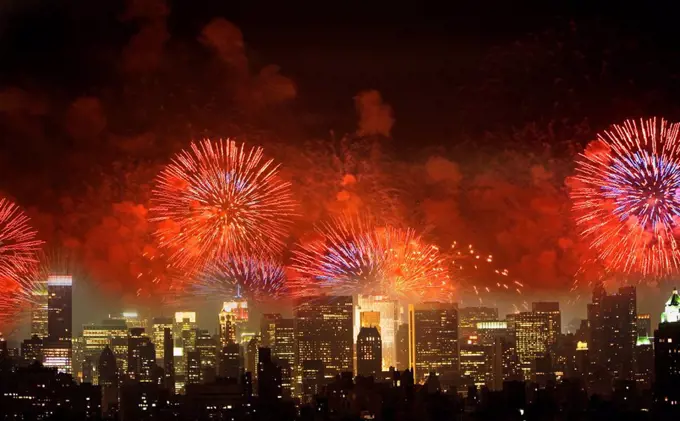 Fireworks over New York City skyline