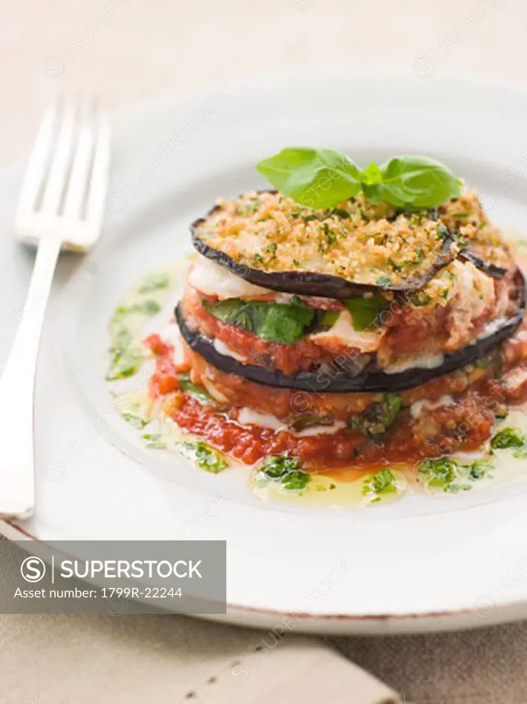 Aubergine Parmigiana Tower with Herb Oil