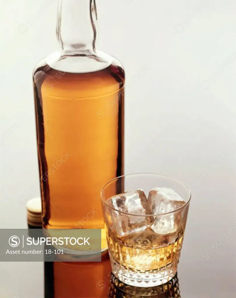 Close-up of a bottle with a glass of whiskey