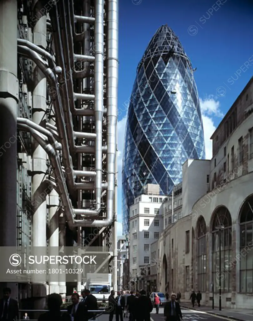 SWISS RE HEADQUARTERS, 30 ST MARYS AXE, LONDON, EC3 FENCHURCH, UNITED KINGDOM, SWISS RE AND THE LLOYDS BUILDING, FOSTER AND PARTNERS