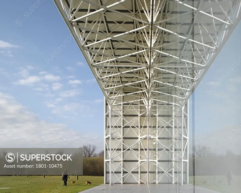 SAINSBURYS CENTRE FOR VISUAL ARTS, UNIVERSITY OF EAST ANGLIA, NORWICH, NORFOLK, UNITED KINGDOM, VIEW OF SOUTH ELEVATOIN WITH PERSON WITH DOGS, FOSTER AND PARTNERS