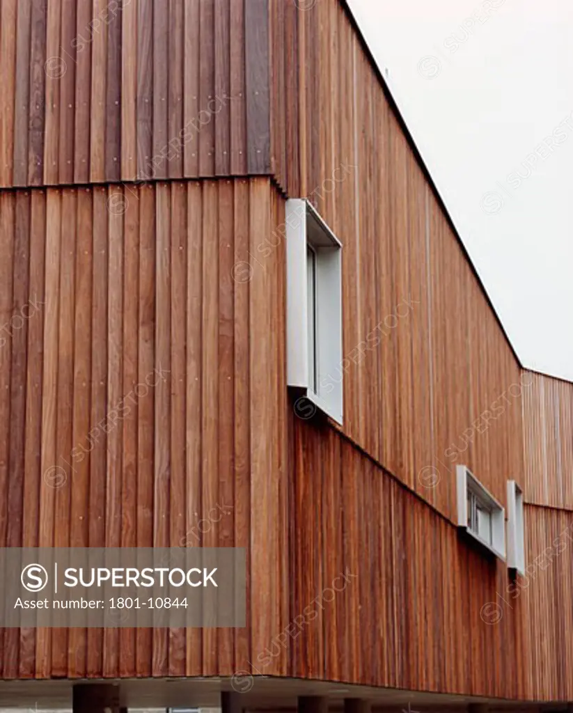 NORTHAMPTON ACADEMY, WELLINGBOROUGH ROAD, SOUTHAMPTON, HAMPSHIRE, UNITED KINGDOM, DETAIL OF THE TIMBER CLADDING ON THE FACULTY HUB BUILDING, FEILDEN CLEGG BRADLEY ARCHITECTS