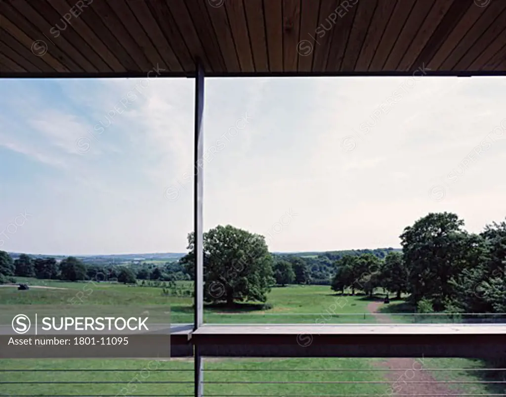 UNDERGROUND GALLERY - YORKSHIRE SCULPTURE PARK, WEST BRETTON, WAKEFIELD, WEST YORKSHIRE, UNITED KINGDOM, VIEW OUT FROM VISITOR CENTRE CAFE, FEILDEN CLEGG BRADLEY ARCHITECTS