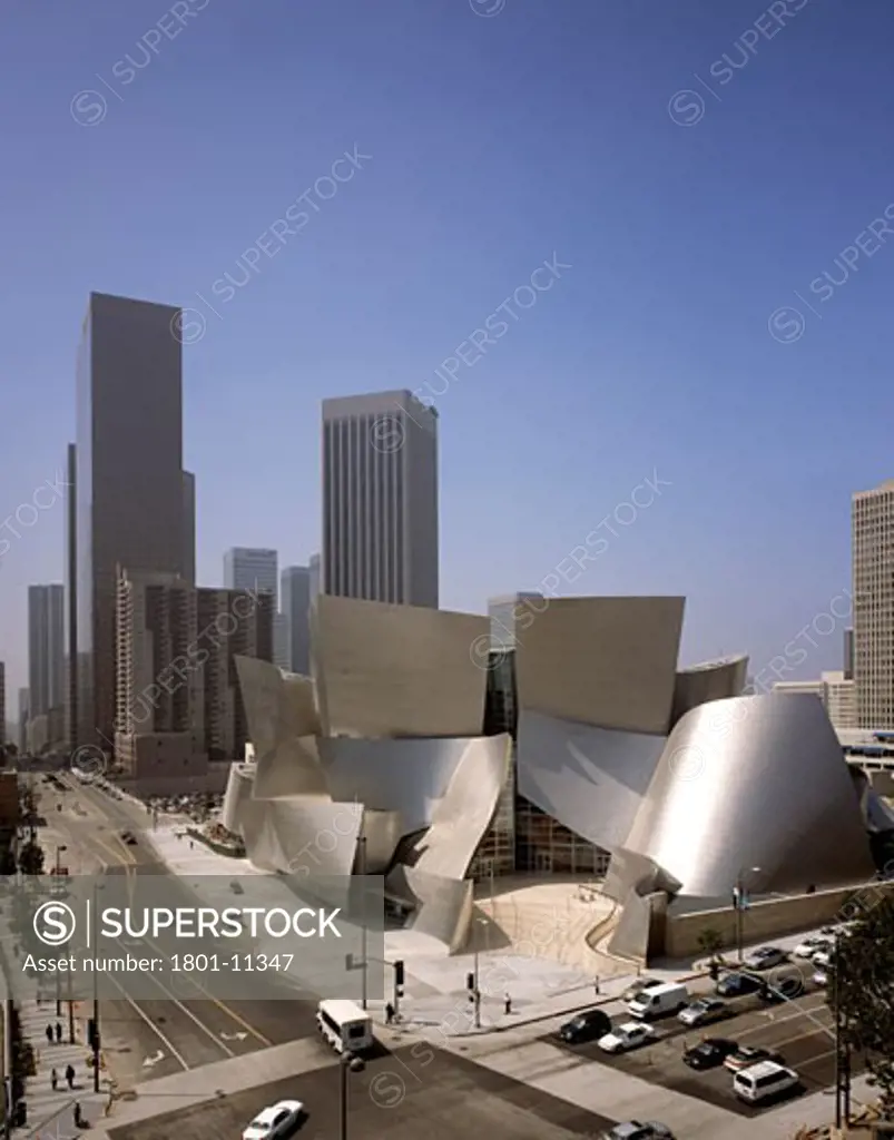 WALT DISNEY CONCERT HALL, SOUTH GRAND AVENUE, LOS ANGELES, CALIFORNIA, UNITED STATES, ELEVATED PORTRAIT VIEW, FRANK GEHRY