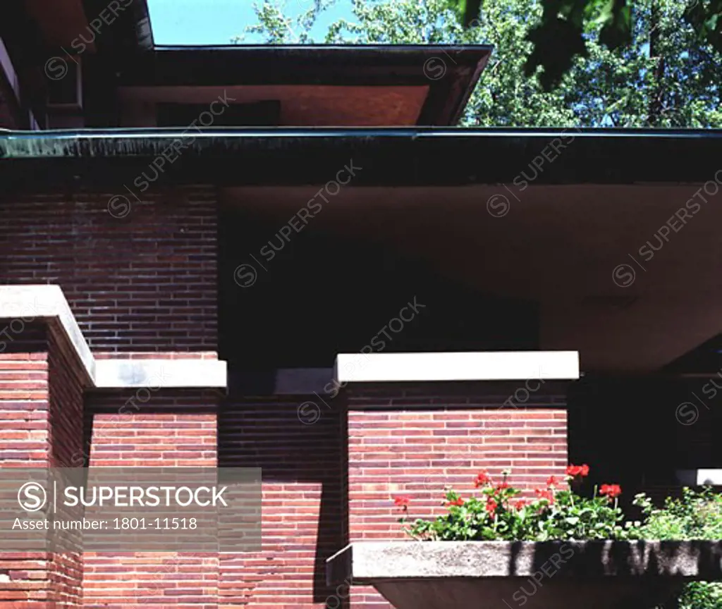 PRIVATE HOUSE, ILLINOIS, UNITED STATES, EXTERIOR DETAIL OF BRICK WITH FLOWERS, FRANK LLOYD WRIGHT