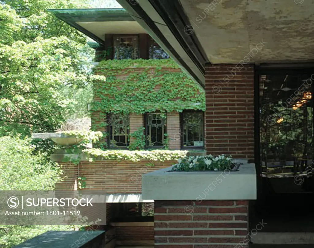 PRIVATE HOUSE, ILLINOIS, UNITED STATES, EXTERIOR VIEW FROM STEPS TOWARDS IVY CLAD WALL, FRANK LLOYD WRIGHT