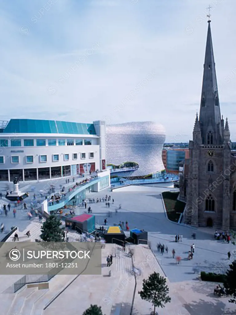 SELFRIDGES, BULLRING, BIRMINGHAM, WEST MIDLANDS, UNITED KINGDOM, VIEW ACROSS SQUARE WITH ST MARTINS CHURCH, FUTURE SYSTEMS