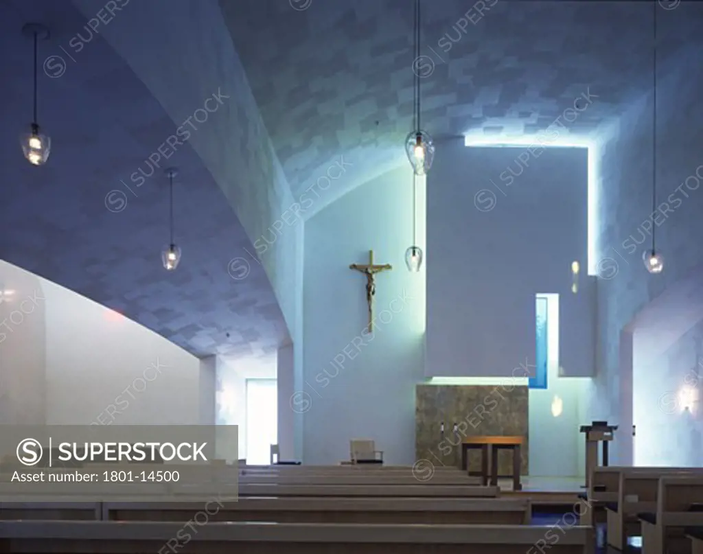 CHAPEL OF ST IGNATIUS, SEATTLE UNIVERSITY, SEATTLE, WASHINGTON, UNITED STATES, AXIAL INTERIOR VIEW TO ALTAR WITH CRUCIFIX/BLUE VERSION, STEVEN HOLL