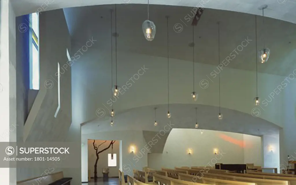 CHAPEL OF ST IGNATIUS, SEATTLE UNIVERSITY, SEATTLE, WASHINGTON, UNITED STATES, INTERIOR VIEW TO CHAPEL OF THE BLESSED SACRAMENT WITH RED LIGHT, STEVEN HOLL