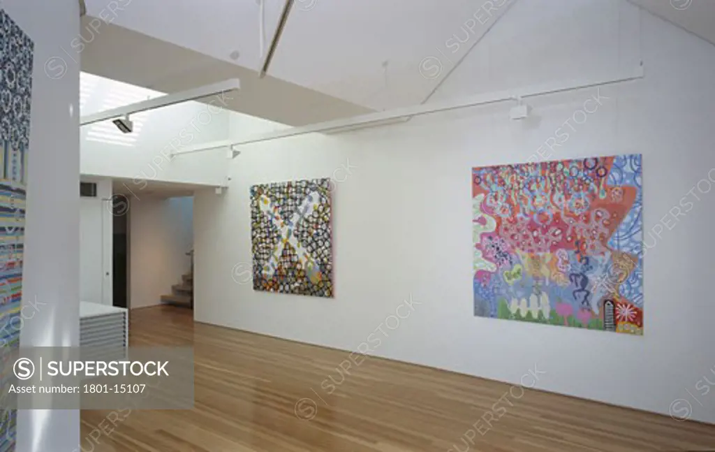 EGAN GALLERY, GLENMORE ROAD, SYDNEY, NEW SOUTH WALES, AUSTRALIA, LEVEL 1 - MAIN VIEW WITH TWO LARGE PAINTINGS, JAKE DOWSE ARCHITECT
