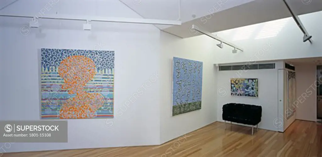 EGAN GALLERY, GLENMORE ROAD, SYDNEY, NEW SOUTH WALES, AUSTRALIA, LEVEL 1 - PANORAMIC VIEW OF PAINTINGS AND CHAIR, JAKE DOWSE ARCHITECT