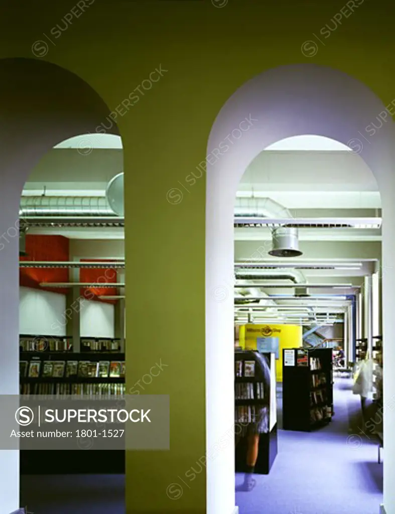 BRISTOL CITY LIBRARY, BRISTOL, UNITED KINGDOM, VIEW THROUGH TWO ARCHES TO CAFE, ARCHITECTON