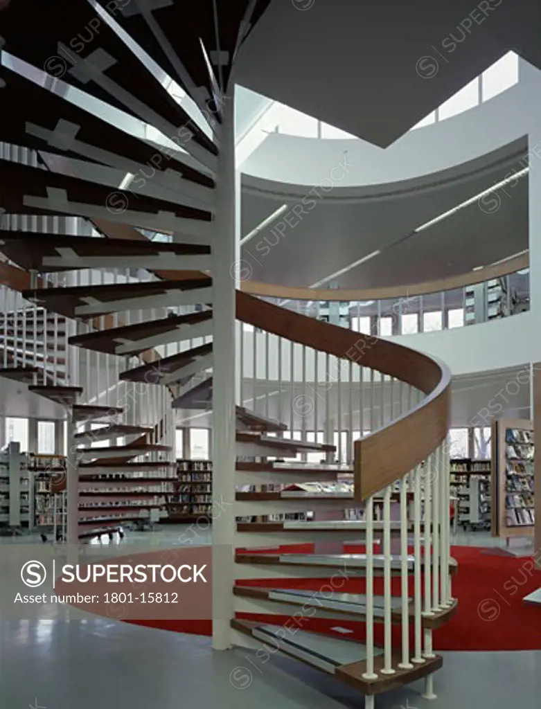 SWISS COTTAGE LIBRARY, 88 AVENUE ROAD, LONDON, NW3 HAMPSTEAD, UNITED KINGDOM, STAIRCASE, JOHN MCASLAN AND PARTNERS