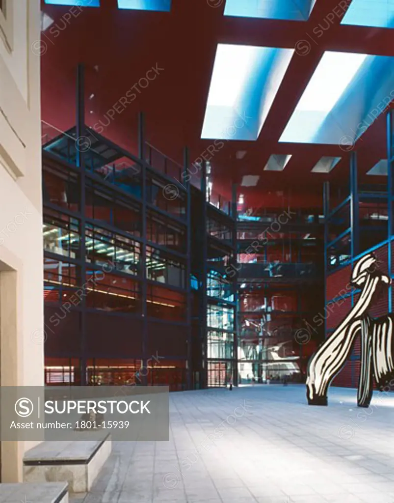 REINA SOFIA MUSEUM, RONDA DE ATOCHA, MADRID, SPAIN, GENERAL VIEW OF THE PLAZA WITH A MAN, JEAN NOUVEL