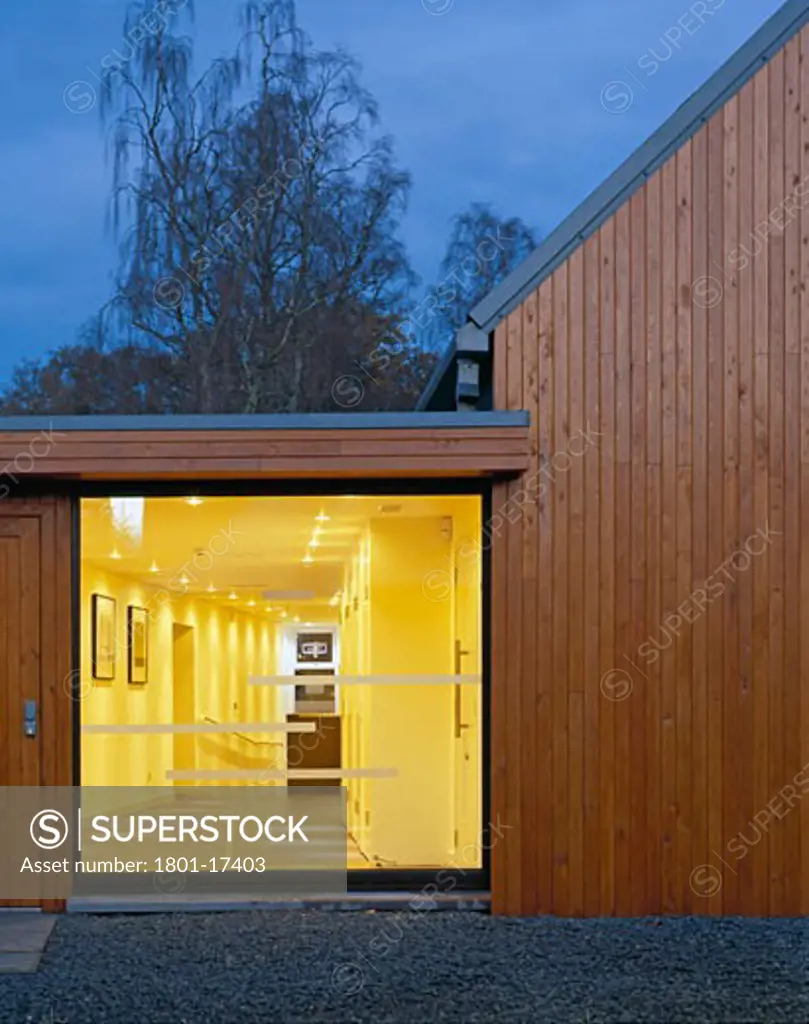 NICK NAIRN COOK SCHOOL, LAKE OF MENTEITH, PORT OF MENTEITH, STIRLINGSHIRE, UNITED KINGDOM, EXTERIOR AT DUSK, LISA LE-GROVE