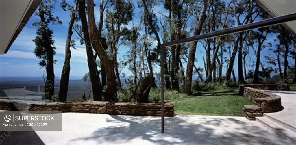MT MINDEROO, MITTAGONG, AUSTRALIA, VIEW FROM HOUSE ACROSS TERRACE TO TREES AND BEYOND, LUIGI ROSSELLI