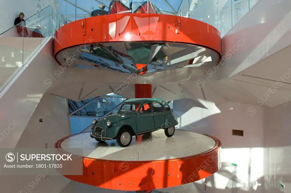 CITROEN SHOWROOM, 42 AVE DE CHAMPS ELYSEES, PARIS, FRANCE, SPIRAL STACK OF CARS FROM ABOVE, MANUELLE GAUTRAND