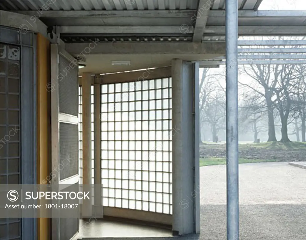 TOILET BLOCK AND FOUNTAIN PUMP HOUSE, BATTERSEA PARK, LONDON, SW11 BATTERSEA, UNITED KINGDOM, ENTRANCE TO TOILETS WITH STAINLESS MESH DOOR, MCALLISTER CO