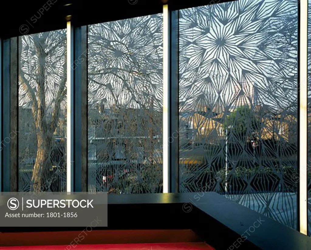 THE STEPHEN LAWRENCE CENTRE, 39 BROOKMILL ROAD, LONDON, SE8 DEPTFORD, UNITED KINGDOM, INTERIOR VIEW-VIEWS AROUND MAIN RECEPTION (GLASS FACADE DESIGNED IN COLLABORATION WITH CHRIS OFILI), ADJAYE ASSOCIATES