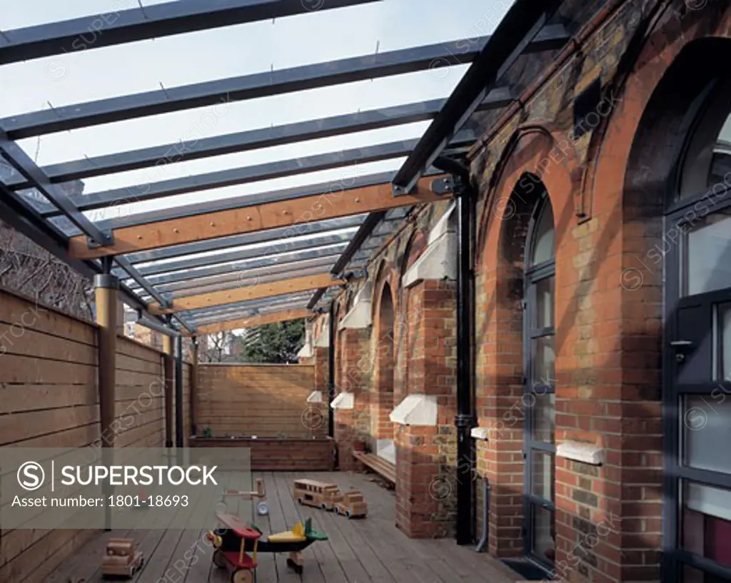 ST PANCRAS HOSPITAL NURSERY, EUSTON, LONDON, NW1 CAMDEN TOWN, UNITED KINGDOM, SIDE EXTENSION WITH DISCARDED TOYS, MONAHAN BLYTHEN ARCHITECTS