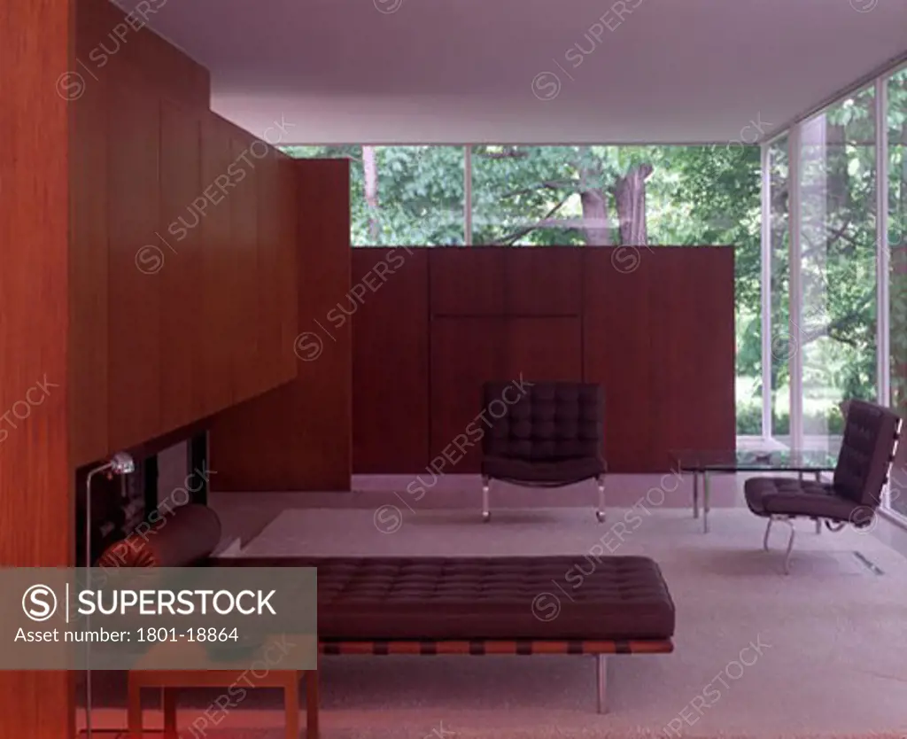 FARNSWORTH HOUSE, FOX RIVER, ILLINOIS, UNITED STATES, ROOM WITH BROWN BED, LUDWIG MIES VAN DER ROHE