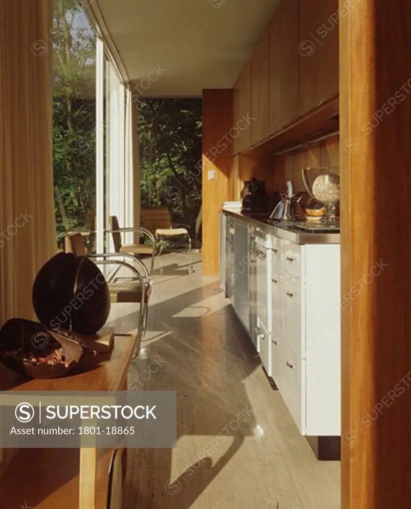 FARNSWORTH HOUSE, FOX RIVER, ILLINOIS, UNITED STATES, INTERIOR WITH KITCHEN, LUDWIG MIES VAN DER ROHE