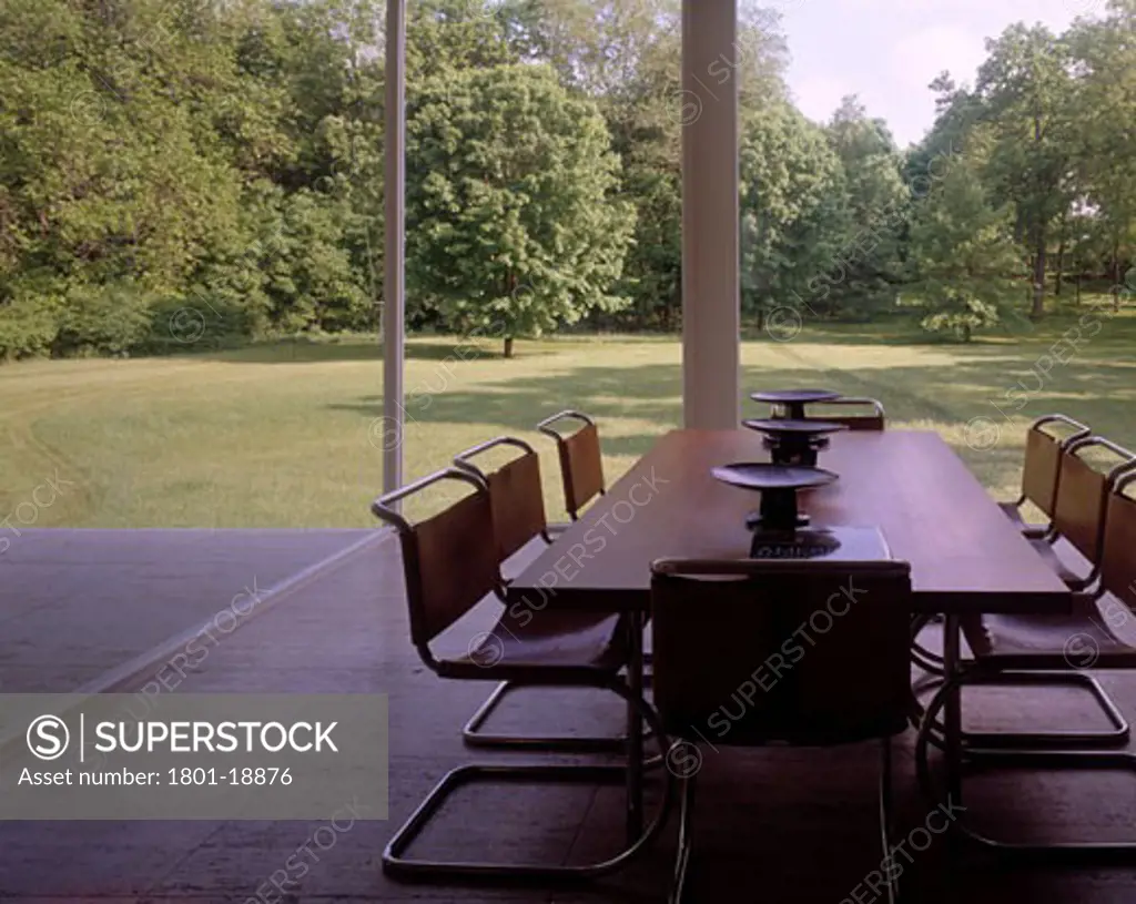 FARNSWORTH HOUSE, FOX RIVER, ILLINOIS, UNITED STATES, DINING TABLE AND CHAIRS, LUDWIG MIES VAN DER ROHE