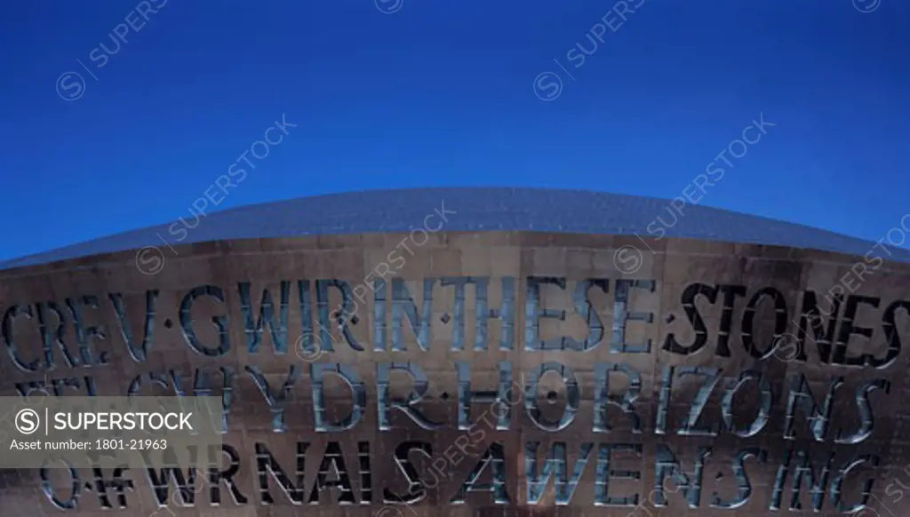 WELSH MILLENNIUM CENTRE, CARDIFF BAY, CARDIFF, UNITED KINGDOM, PANORAMIC VIEW SHOWING INSCRIPTION, PERCY THOMAS ARCHITECTS