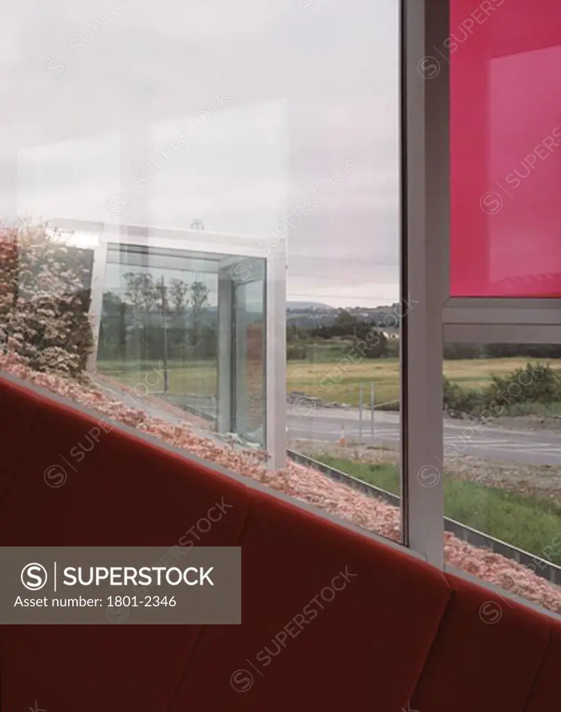 LETTERKENNY AREA OFFICES, LETTERKENNY, DONEGAL, IRELAND, VIEW OVER SEDUM ROOF FROM CAFE, MACGABHANN ARCHITECTS