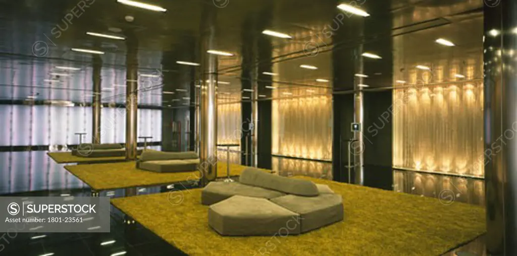 NEW HESPERIA TOWER HOTEL, L´HOSPITALET, BARCELONA, CATALUNYA, SPAIN, BASEMENT AREA WITH COLOR CHANGING GLASS CURTAINS, RICHARD ROGERS PARTNERSHIP