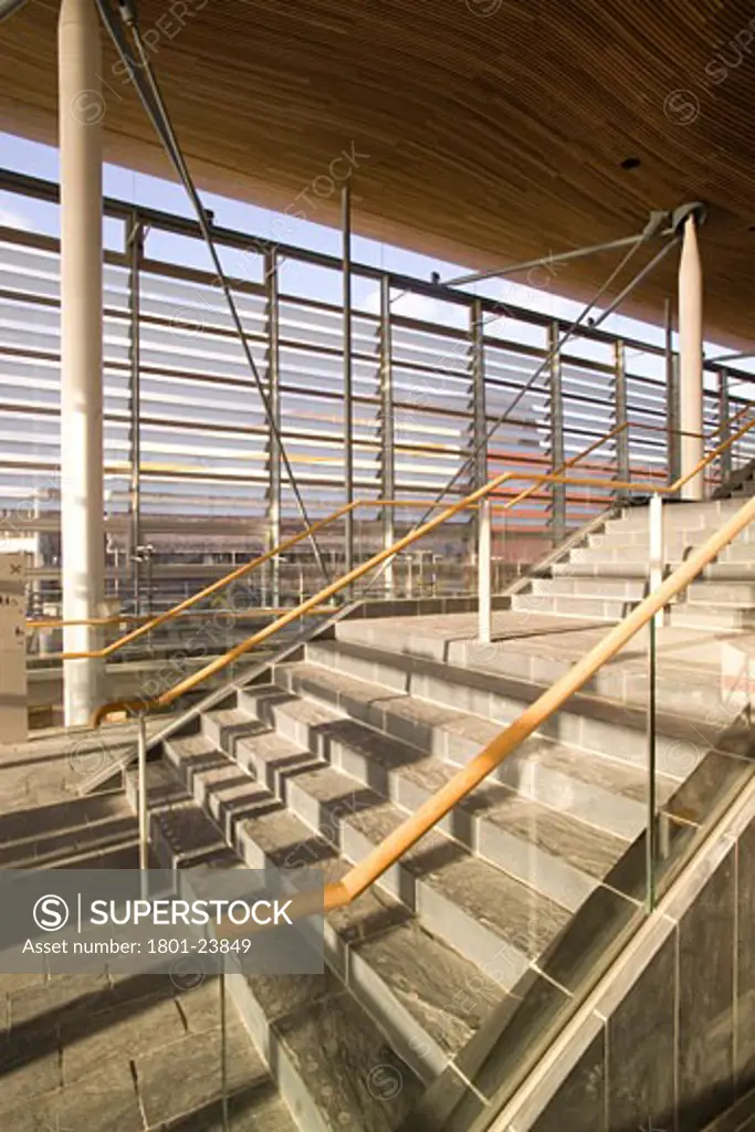 NATIONAL ASSEMBLY OF WALES, CARDIFF BAY, CARDIFF, UNITED KINGDOM, STAIRS IN RECEPTION AREA, ROGERS STIRK HARBOUR + PARTNERS