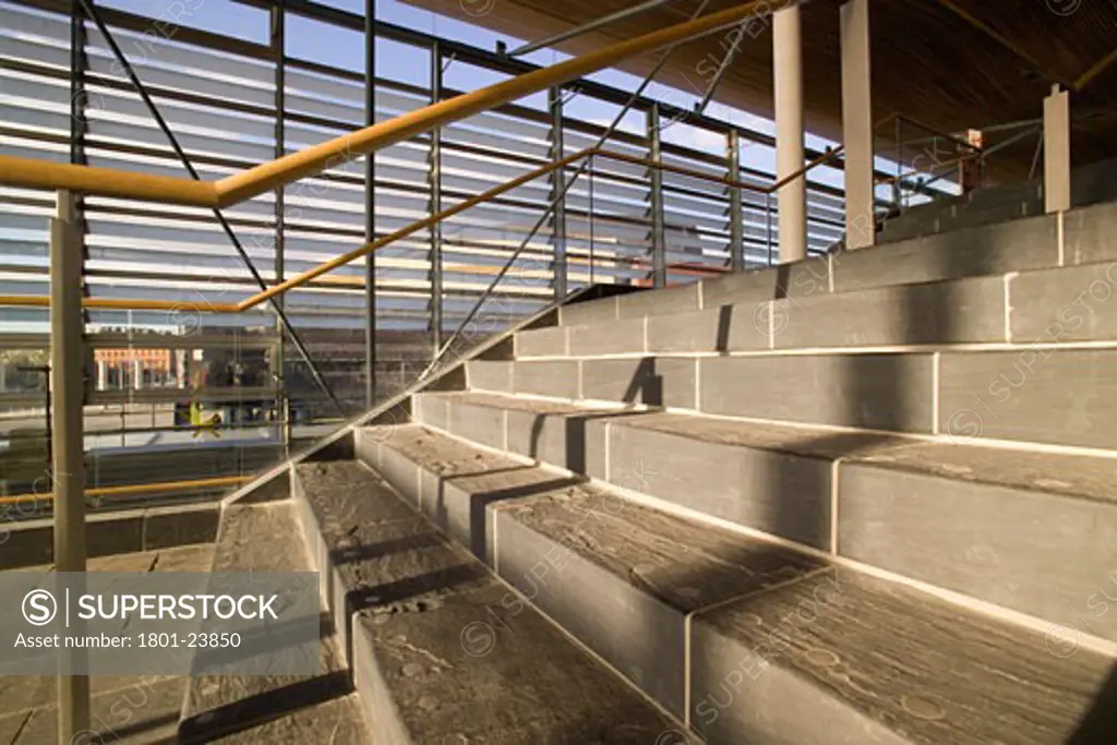 NATIONAL ASSEMBLY OF WALES, CARDIFF BAY, CARDIFF, UNITED KINGDOM, STAIRS IN RECEPTION AREA, ROGERS STIRK HARBOUR + PARTNERS