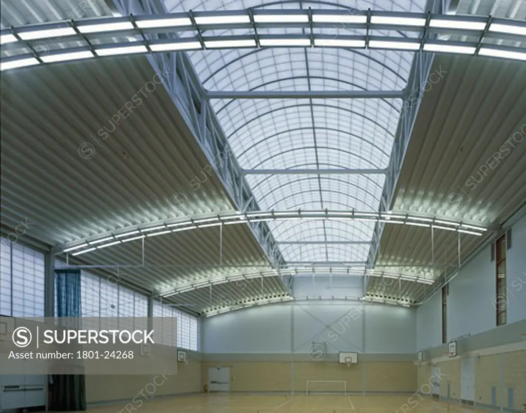 WAVERLEY SCHOOL, HOMESTALL ROAD, LONDON, SE22 EAST DULWICH, UNITED KINGDOM, VAULTED SPORTS HALL WITH LIGHTS ON WITH KALLWALL, SOUTHWARK BUILDING DESIGN SERVICE