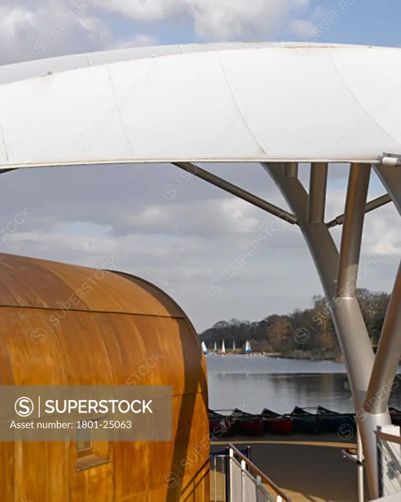 WHITLINGHAM OUTDOOR EDUCATION CENTRE, WHITLINGHAM COUNTRY PARK, NORWICH, NORFOLK, UNITED KINGDOM, DETAIL OF CANOPY WITH POD WITH SAILING BOATS IN BACKGROUND, SNELL ASSOCIATES
