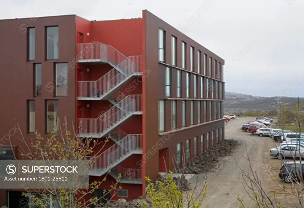 BIFROST BUSINESS SCHOOL, BIFROST, ICELAND, NE VIEW WITH EXTERNAL STAIR, STUDIO GRANDA