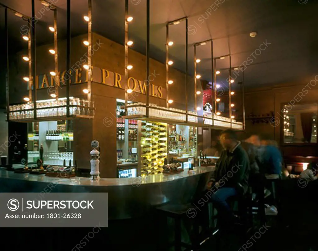 PRINCE, PUB AND DINER, NEVILL ROAD, LONDON, N6 HIGHGATE, UNITED KINGDOM, BAR WITH STOOLS AND PEOPLE, TIM BUSHE ASSOCIATES