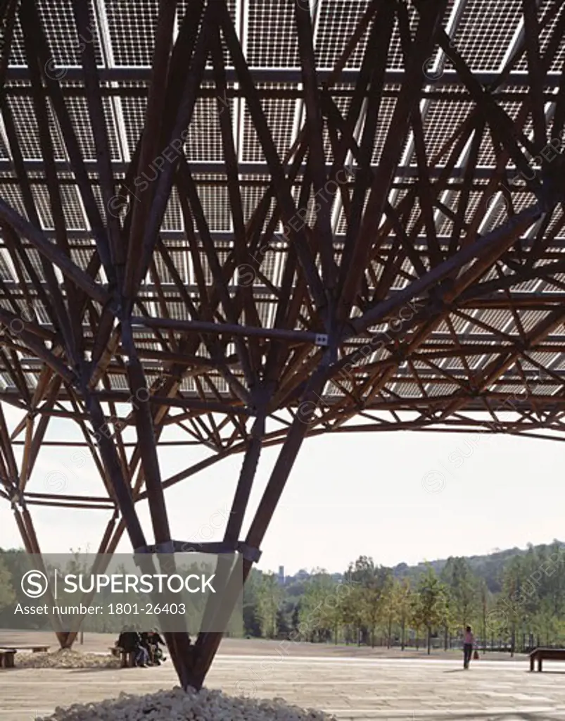 EARTH CENTRE, CONISBOROUGH, DONCASTER, NORTH YORKSHIRE, UNITED KINGDOM, SOLAR CANOPY - GROUND LEVEL VIEW INTO SUN FROM UNDER CANOPY, FEILDEN CLEGG BRADLEY ARCHITECTS