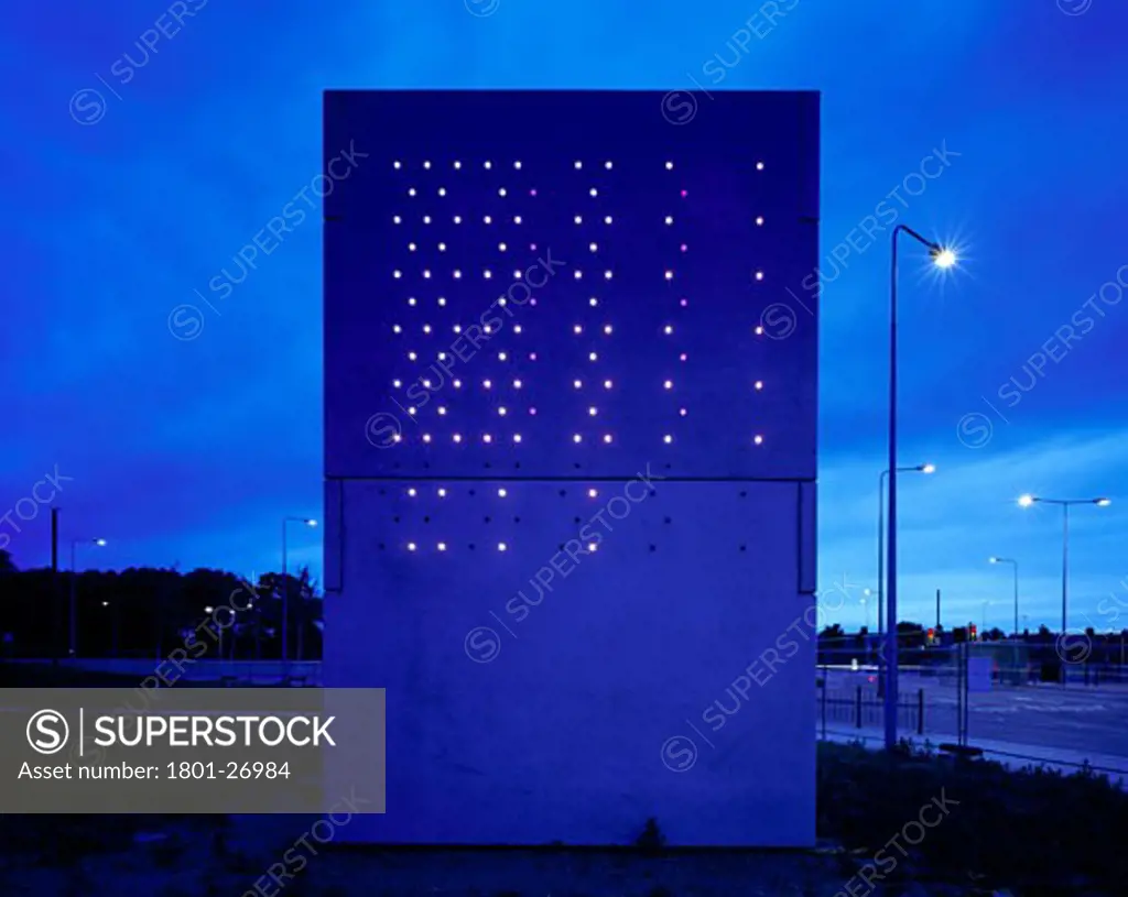 PUMP HOUSE, MOVERS UNDERPASS, DAGENHAM A13, LONDON, UNITED KINGDOM, STRAIGHT VIEW AT DUSK, DE PAOR ARCHITECTS/ LIGHTING CLAIRE BREW