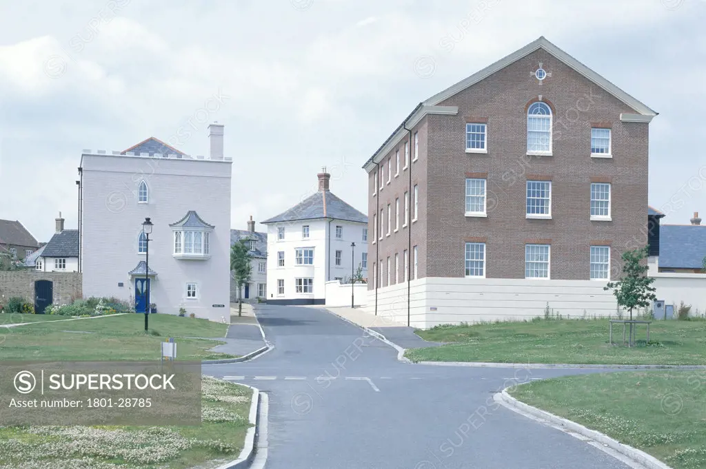 PRIVATE HOUSES, POUNDBURY, DORSET, UNITED KINGDOM, OFFICE BUILDING ON RIGHT, GOTHIC STYLE HOUSE ON LEFT, VARIOUS ARCHITECTS